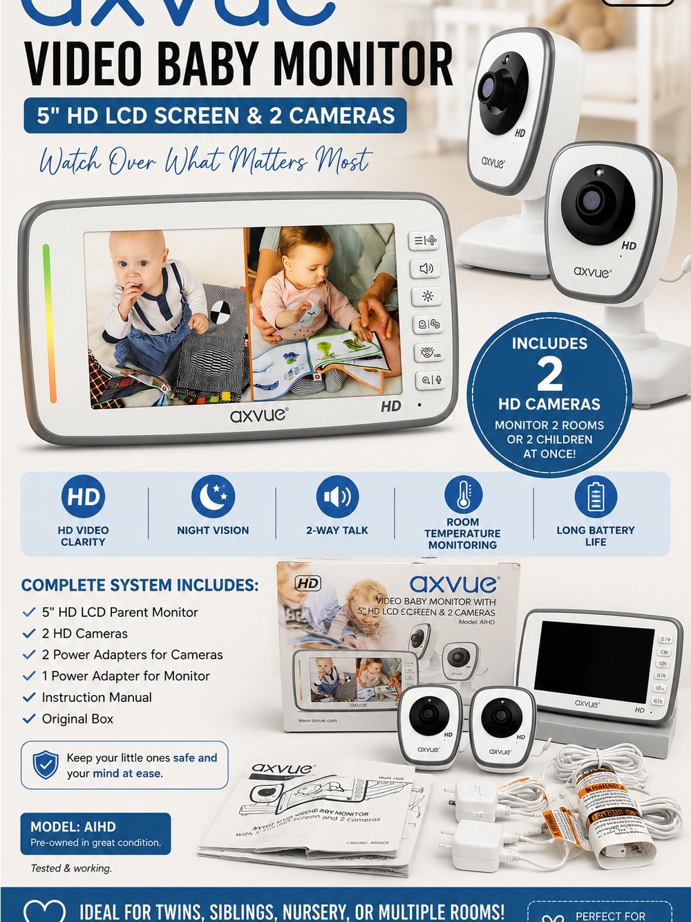 Axvue White 5" HD Video Baby Monitor with 2 Cameras